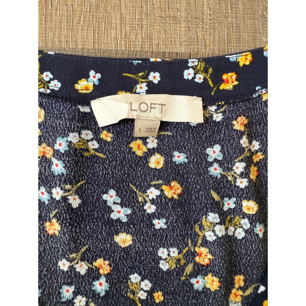 LOFT Women's L Navy Floral Print Faux Wrap V-Neck Long Sleeve Peplum Hem Blouse - Picture 8 of 10